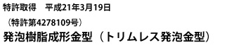 特許取得　平成21年3月19日（特許第4278109号）発泡樹脂成形金型（トリムレス発泡金型）